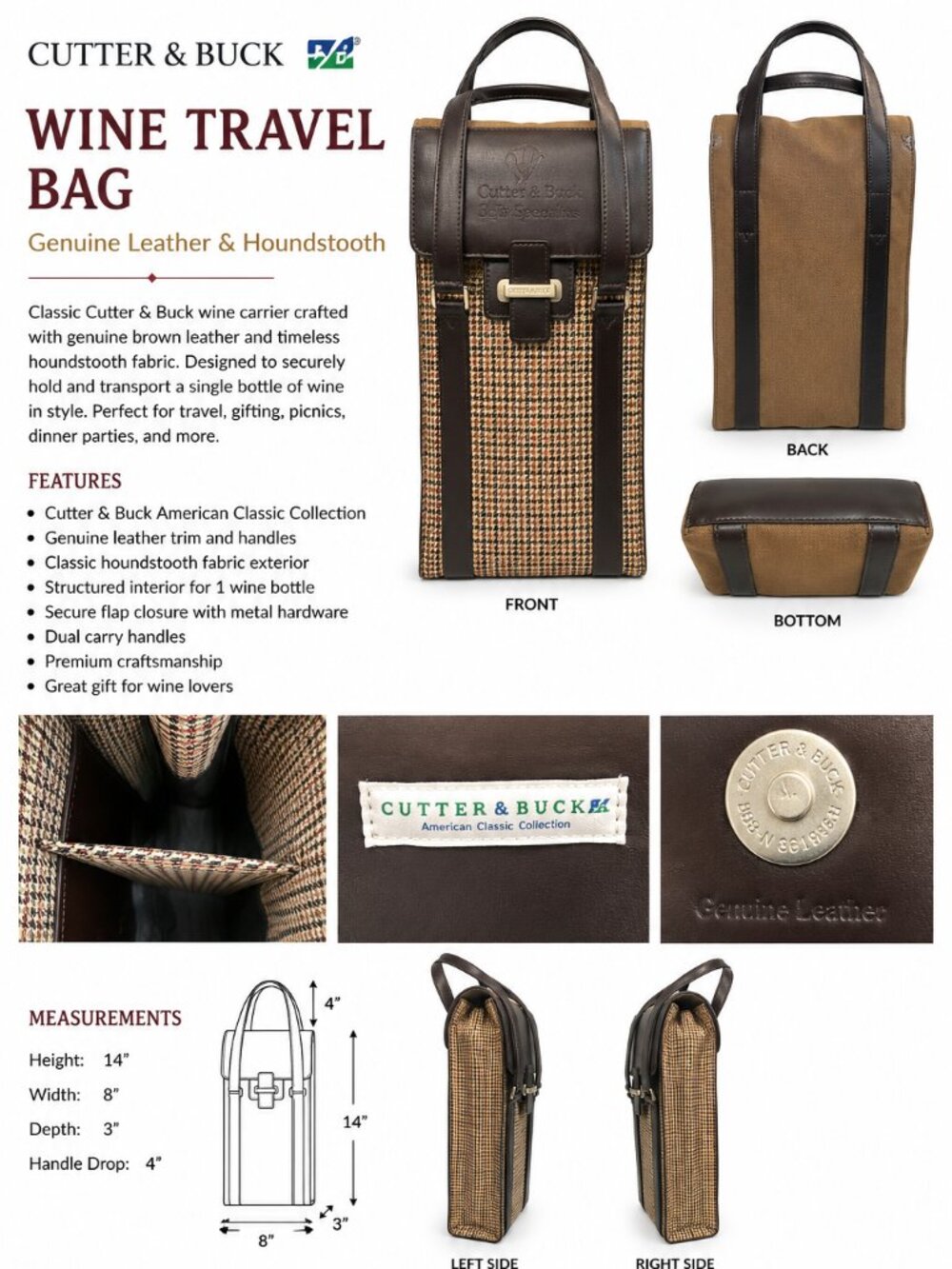 Cutter & Buck Genuine Leather Wine Carrier Travel Bag Houndstooth